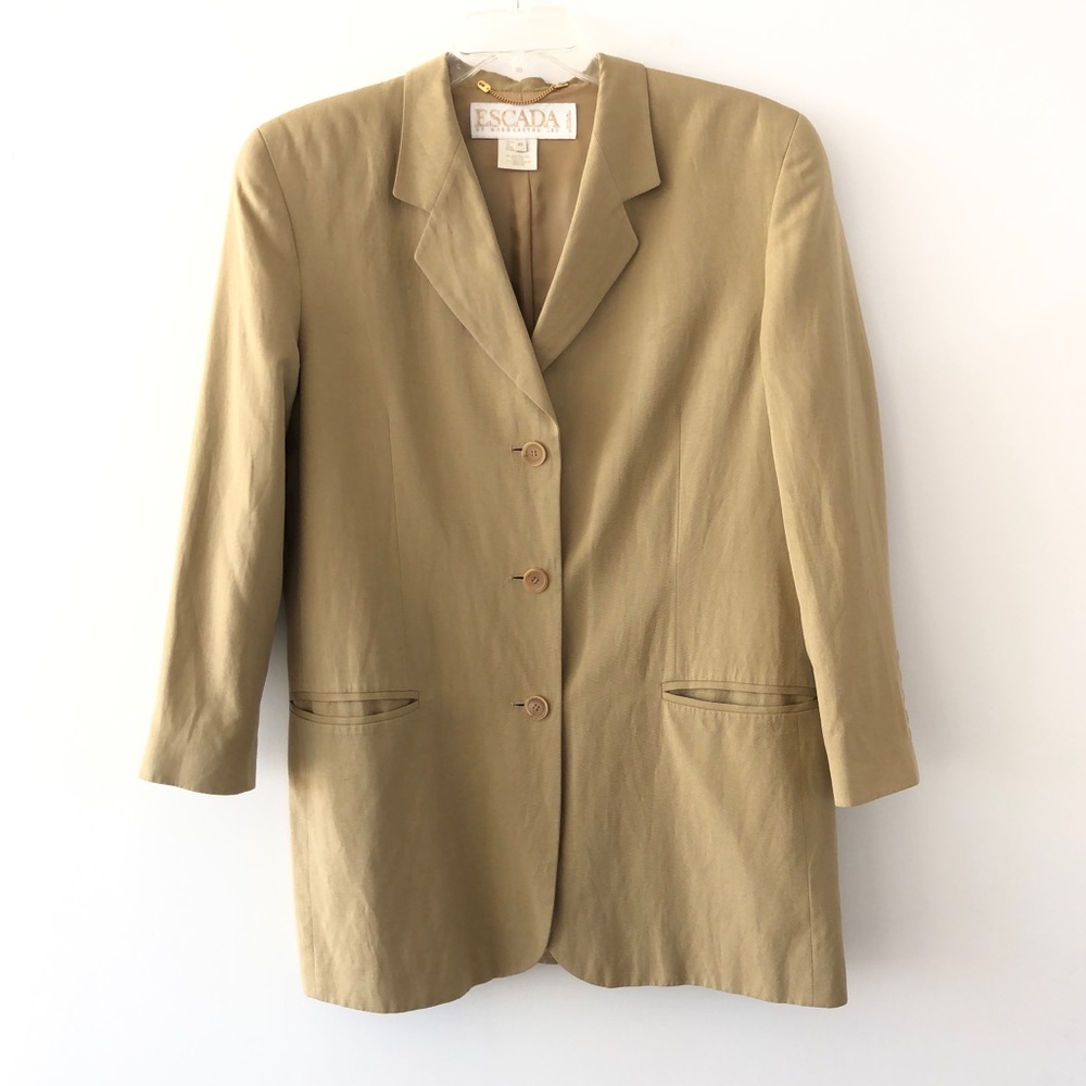 Escada Silk & Linen Three Button Blazer Suit Jacket In Tan - Celebrity Trend